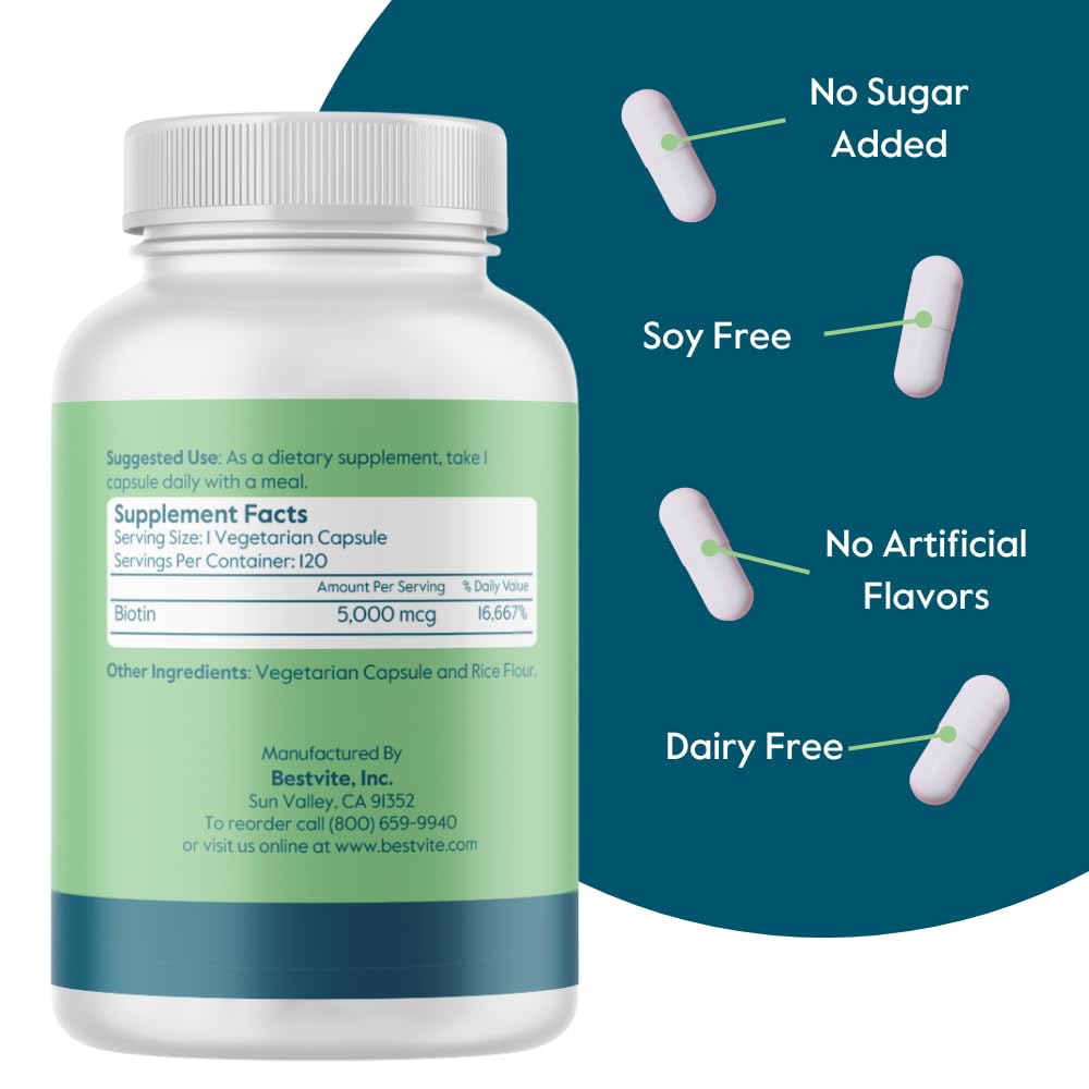 BESTVITE Biotin 5000mcg – 120 Vegetarian Capsules | No Stearates | Vegan | Gluten Free
