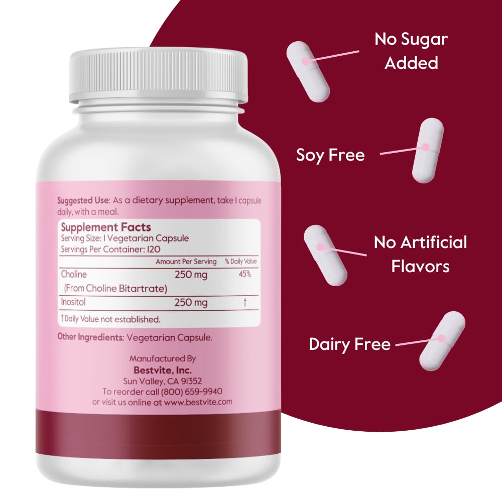 BESTVITE Choline & Inositol 500mg - 120 Veg Capsules - Vegan, Non-GMO, Gluten Free