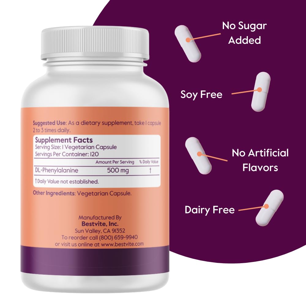 BESTVITE DL-Phenylalanine 500mg (120 Vegetarian Capsules) - Vegan, Gluten Free, Non-GMO