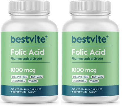 BESTVITE Folic Acid 1000mcg – 240 Vegetarian Capsules (Pack of 2) – No Dicalcium Phosphate, No Stearates, No Silicon Dioxide – Gluten Free, Non-GMO, Vegan