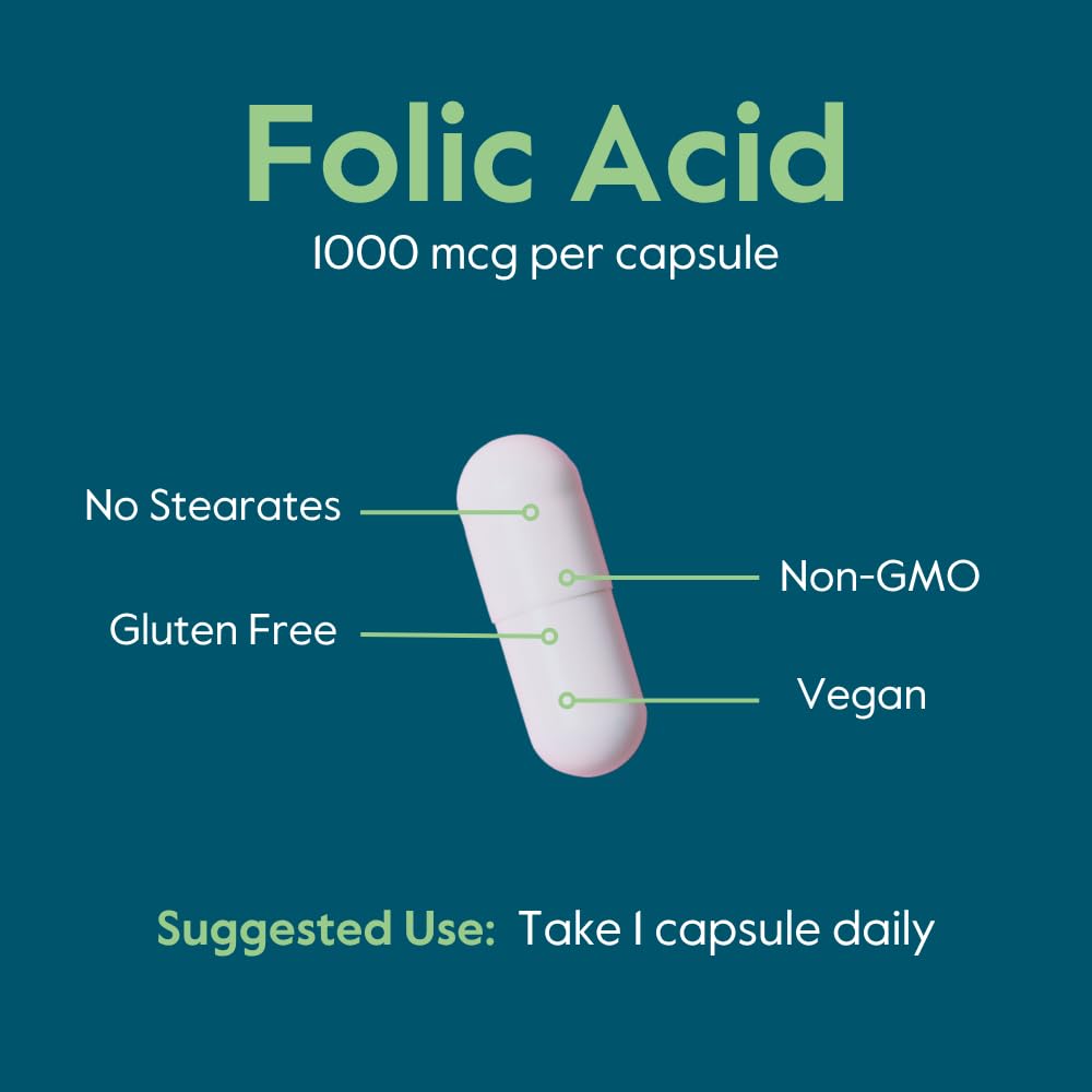 BESTVITE Folic Acid 1000mcg – 240 Vegetarian Capsules (Pack of 2) – No Dicalcium Phosphate, No Stearates, No Silicon Dioxide – Gluten Free, Non-GMO, Vegan
