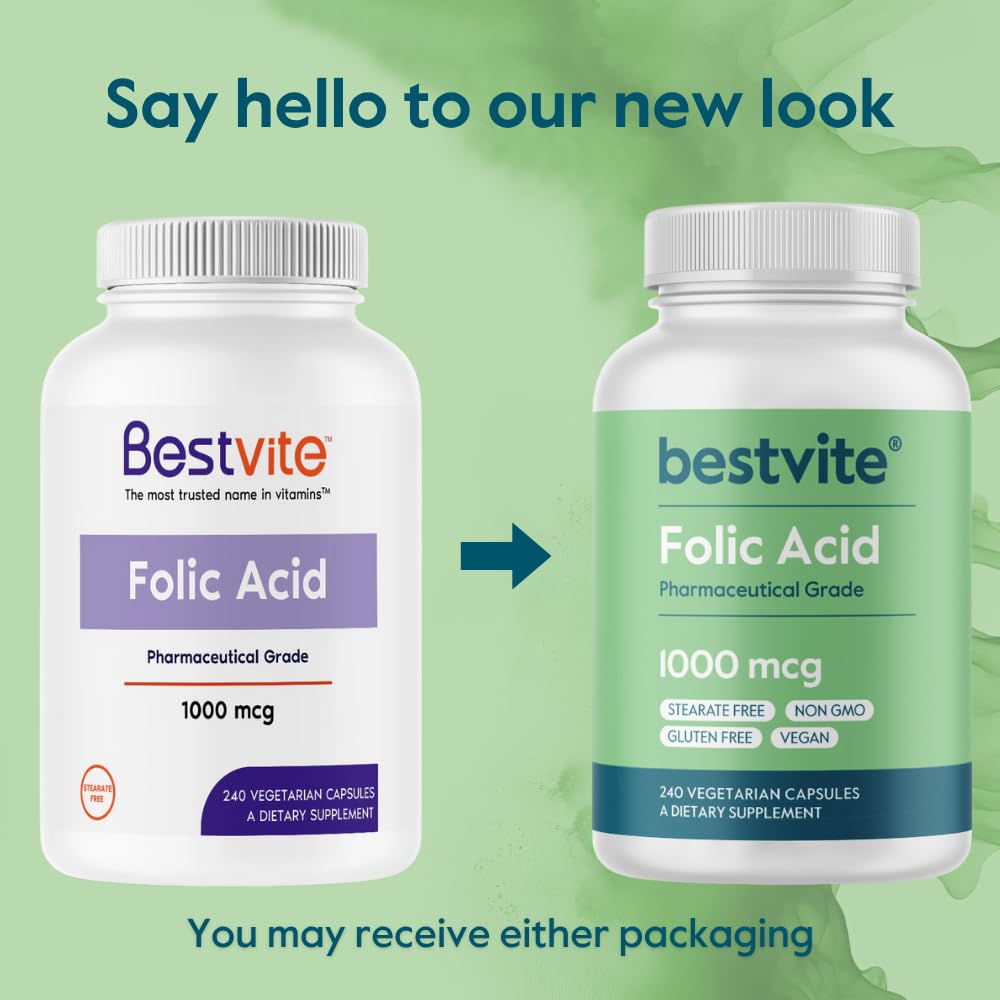 BESTVITE Folic Acid 1000mcg – 240 Vegetarian Capsules (Pack of 2) – No Dicalcium Phosphate, No Stearates, No Silicon Dioxide – Gluten Free, Non-GMO, Vegan