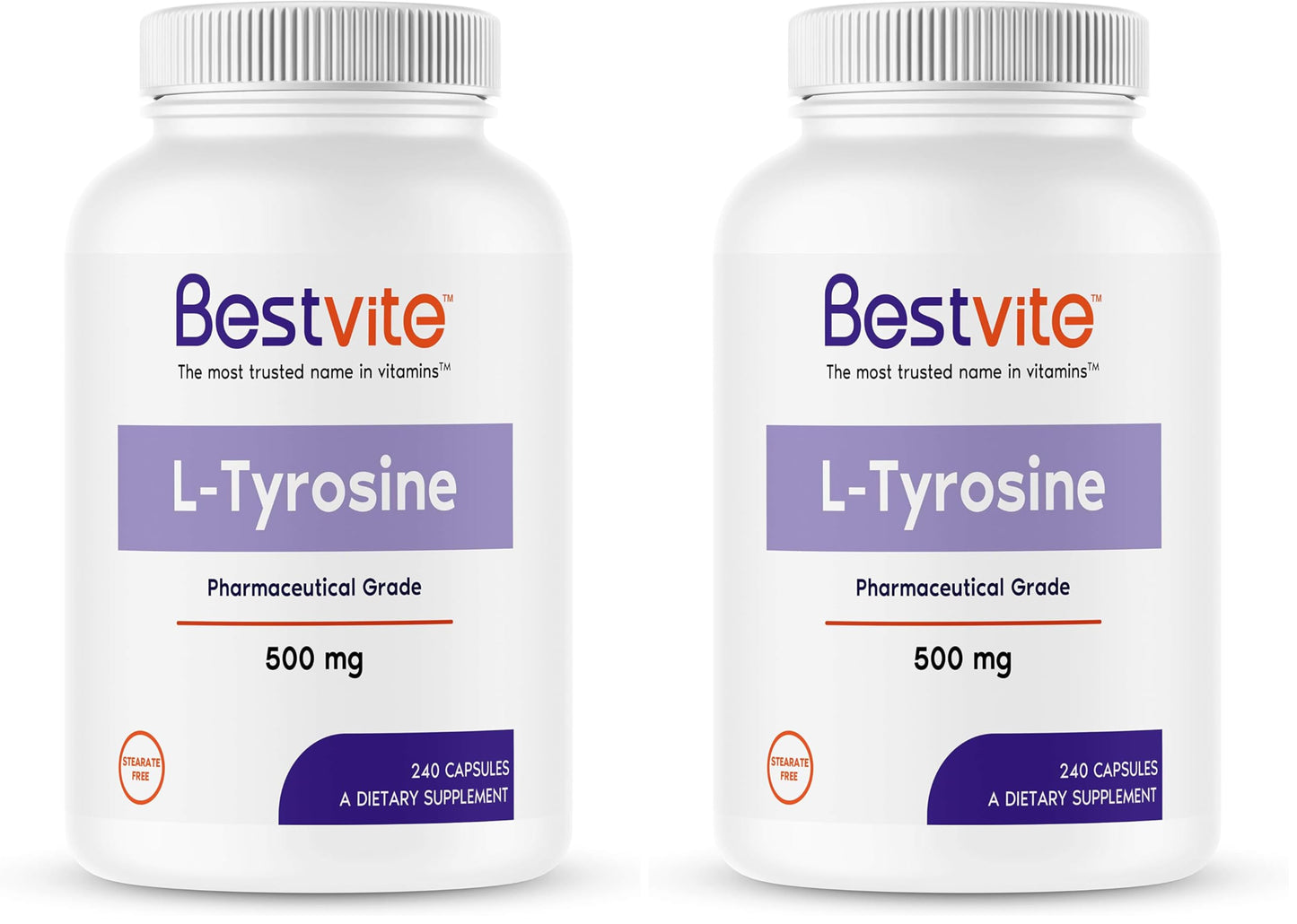 BESTVITE L-Tyrosine 500mg (240 Capsules) – Pack of 2 – No Stearates, Non-GMO, Gluten Free