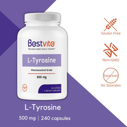 BESTVITE L-Tyrosine 500mg (240 Capsules) – Pack of 2 – No Stearates, Non-GMO, Gluten Free