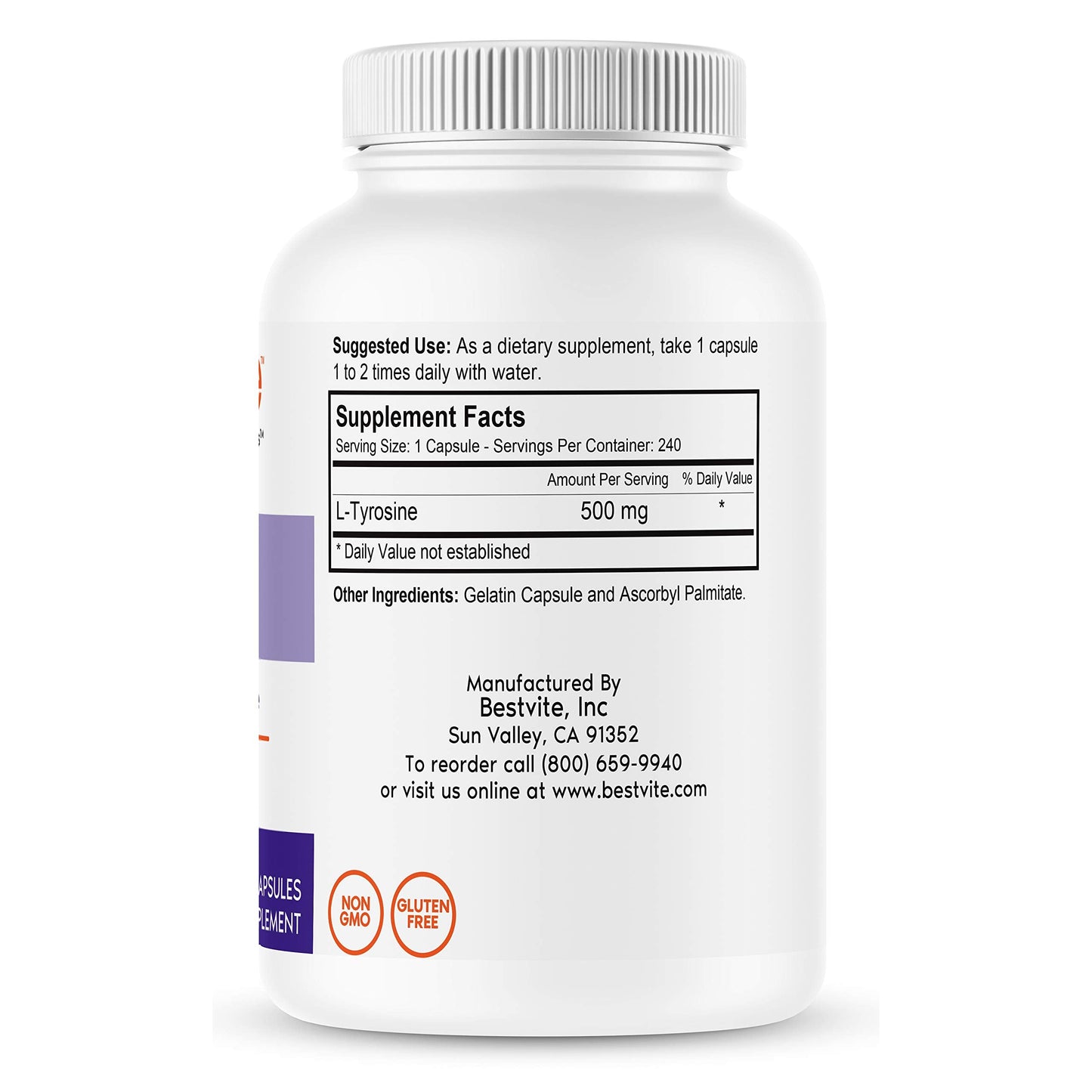 BESTVITE L-Tyrosine 500mg (240 Capsules) – Pack of 2 – No Stearates, Non-GMO, Gluten Free