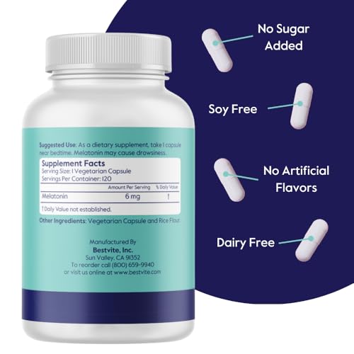 Bestvite Melatonin 6 mg – 120 Veg Caps – Vegan, Non-GMO, Gluten-Free (Pack of 2)