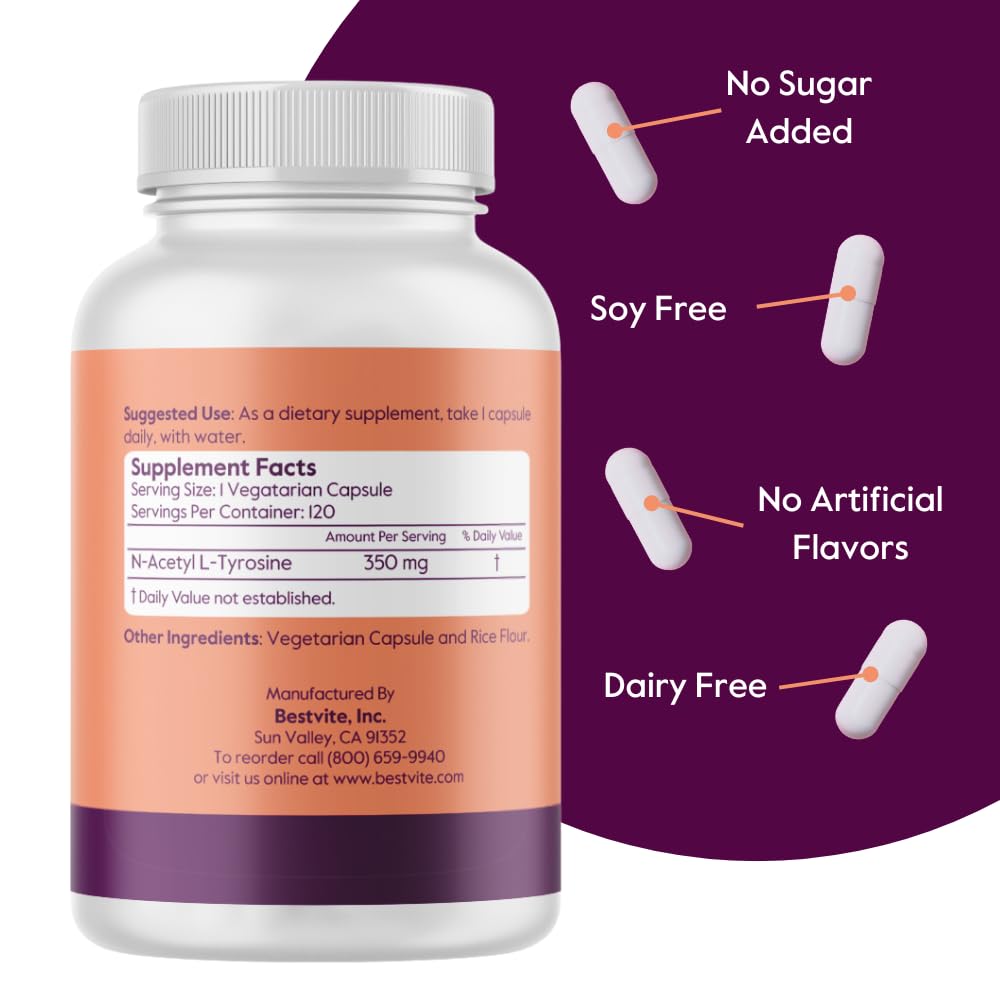 BESTVITE N-Acetyl L-Tyrosine 350mg (NALT) – 120 Capsules – Gluten Free, Non-GMO, No Stearates