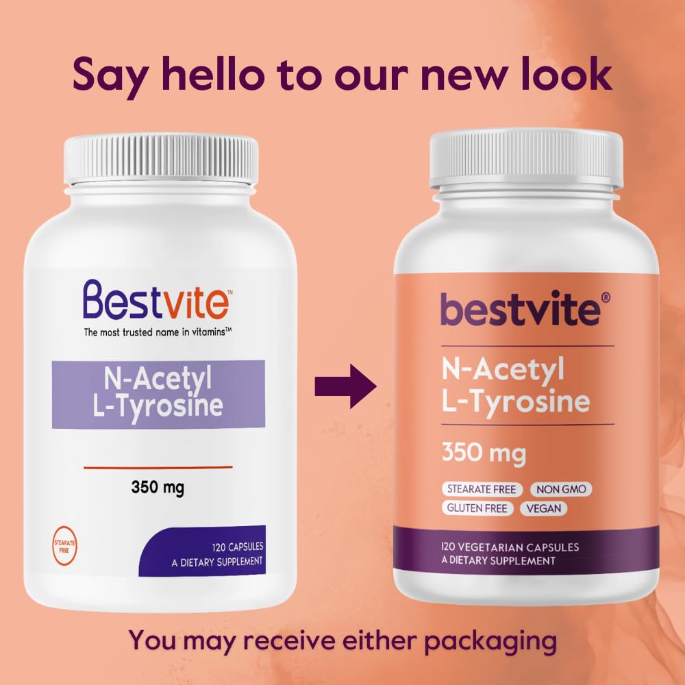 BESTVITE N-Acetyl L-Tyrosine 350mg (NALT) – 120 Capsules – Gluten Free, Non-GMO, No Stearates
