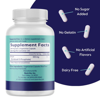 BESTVITE P-5-P 100mg – 240 Vegetarian Capsules | Coenzymated Vitamin B6 (Non-GMO, Vegan, Gluten Free, No Stearates)