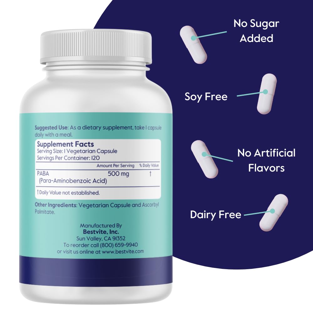 BESTVITE PABA 500mg - 120 Vegetarian Capsules | No Stearates, Vegan, Non-GMO, Gluten Free | Para-Aminobenzoic Acid