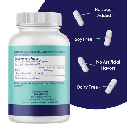 BESTVITE PABA 500mg - 120 Vegetarian Capsules | No Stearates, Vegan, Non-GMO, Gluten Free | Para-Aminobenzoic Acid