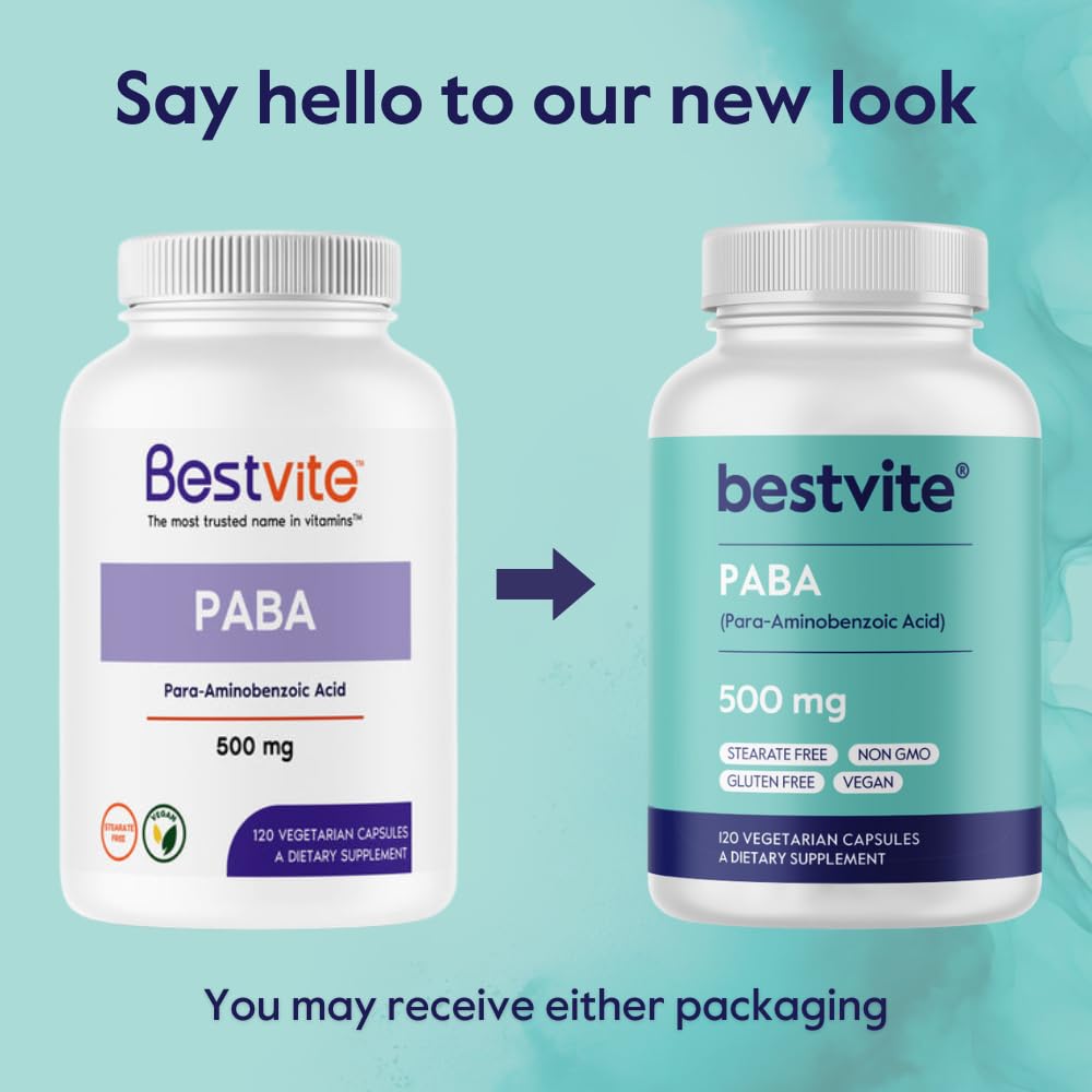 BESTVITE PABA 500mg - 120 Vegetarian Capsules | No Stearates, Vegan, Non-GMO, Gluten Free | Para-Aminobenzoic Acid