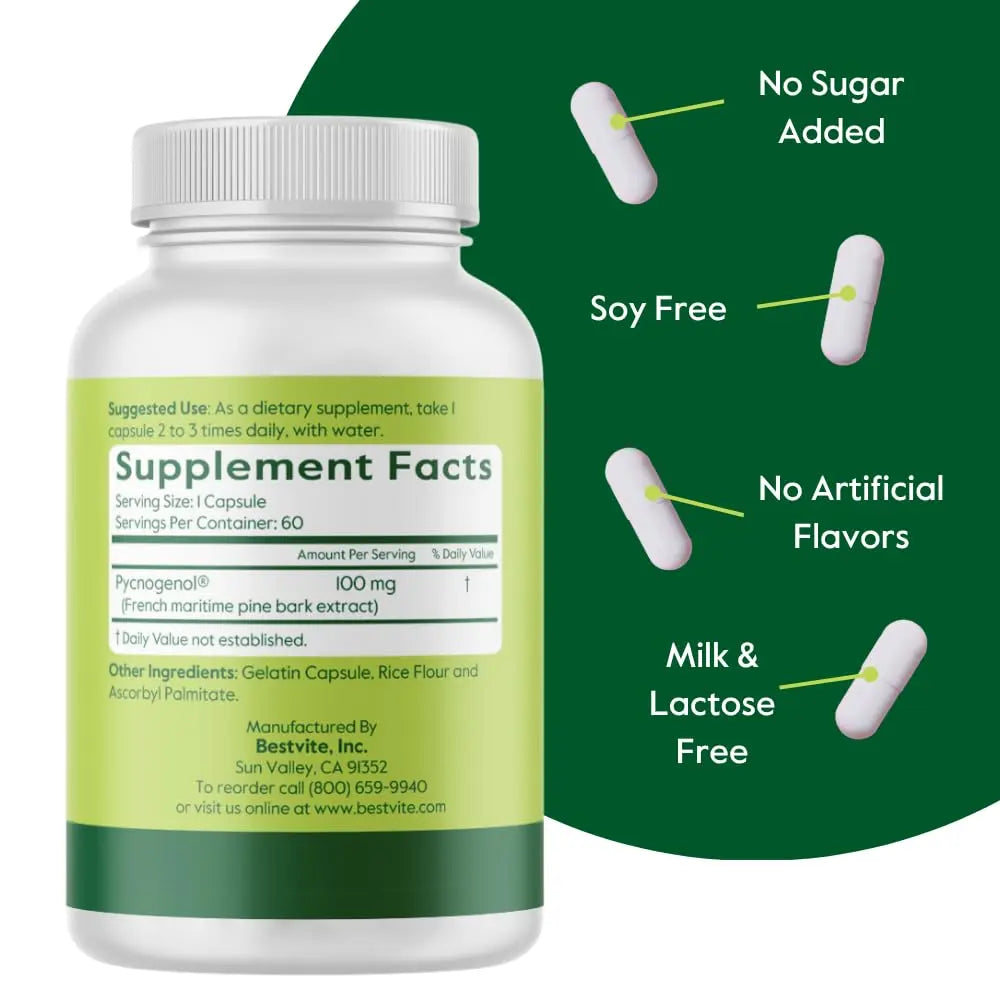 BESTVITE Pycnogenol 100mg (60 Capsules) – French Maritime Pine Bark Extract – Gluten Free, Non-GMO, No Stearates BritishVita | Premium UK Vitamins & Wellness Supplements