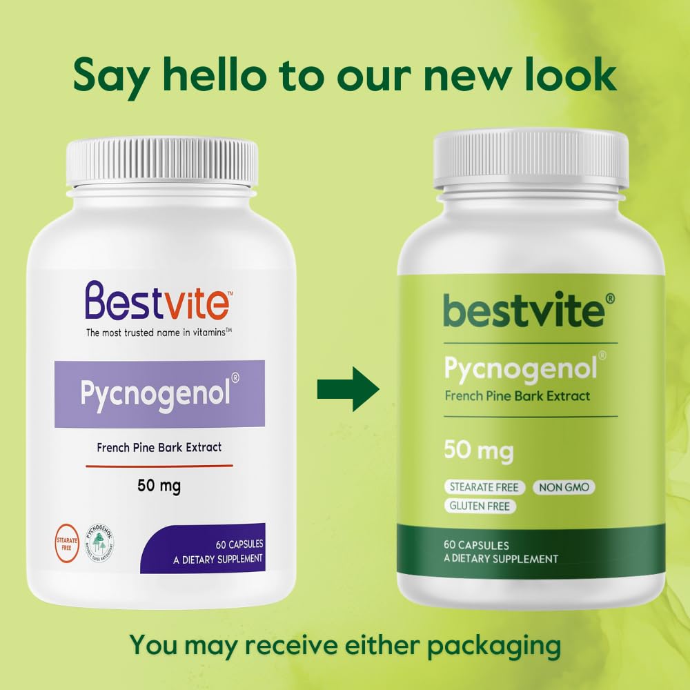 BESTVITE Pycnogenol 50mg (60 Capsules) - French Maritime Pine Bark Extract - No Stearates - Gluten Free - Non GMO
