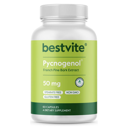 BESTVITE Pycnogenol 50mg (60 Capsules) - French Maritime Pine Bark Extract - No Stearates - Gluten Free - Non GMO BritishVita | Premium UK Vitamins & Wellness Supplements