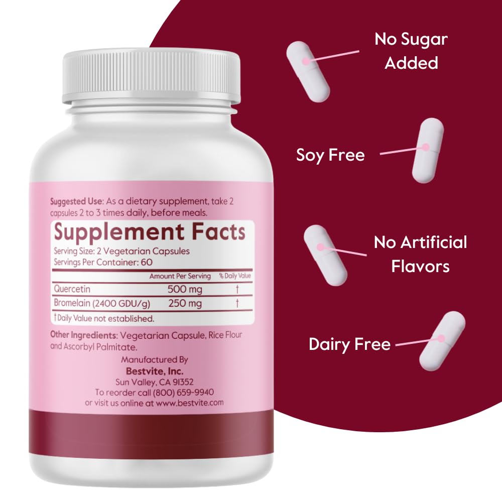 BESTVITE Quercetin with Bromelain 500mg/250mg (120 Vegetarian Capsules) – No Stearates – No Silicon Dioxide – Vegan – Non GMO – Gluten Free