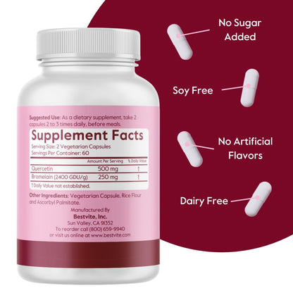 BESTVITE Quercetin with Bromelain 500mg/250mg (120 Vegetarian Capsules) – No Stearates – No Silicon Dioxide – Vegan – Non GMO – Gluten Free