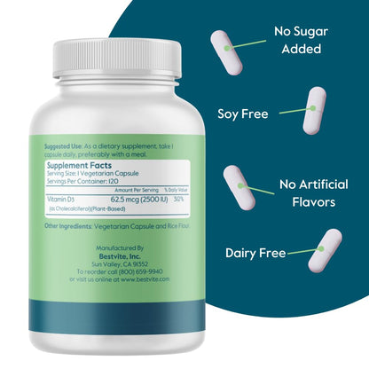 BESTVITE Vegan Vitamin D3 2500 IU - 120 Vegetarian Capsules | Vegan, Non-GMO, Gluten Free, No Stearates