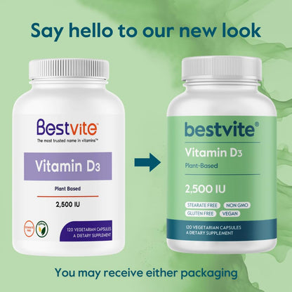 BESTVITE Vegan Vitamin D3 2500 IU - 120 Vegetarian Capsules | Vegan, Non-GMO, Gluten Free, No Stearates