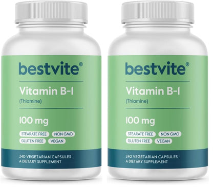 BESTVITE Vitamin B-1 100mg (240 Vegetarian Capsules) – Vegan, Non-GMO, Gluten Free – Pack of 2