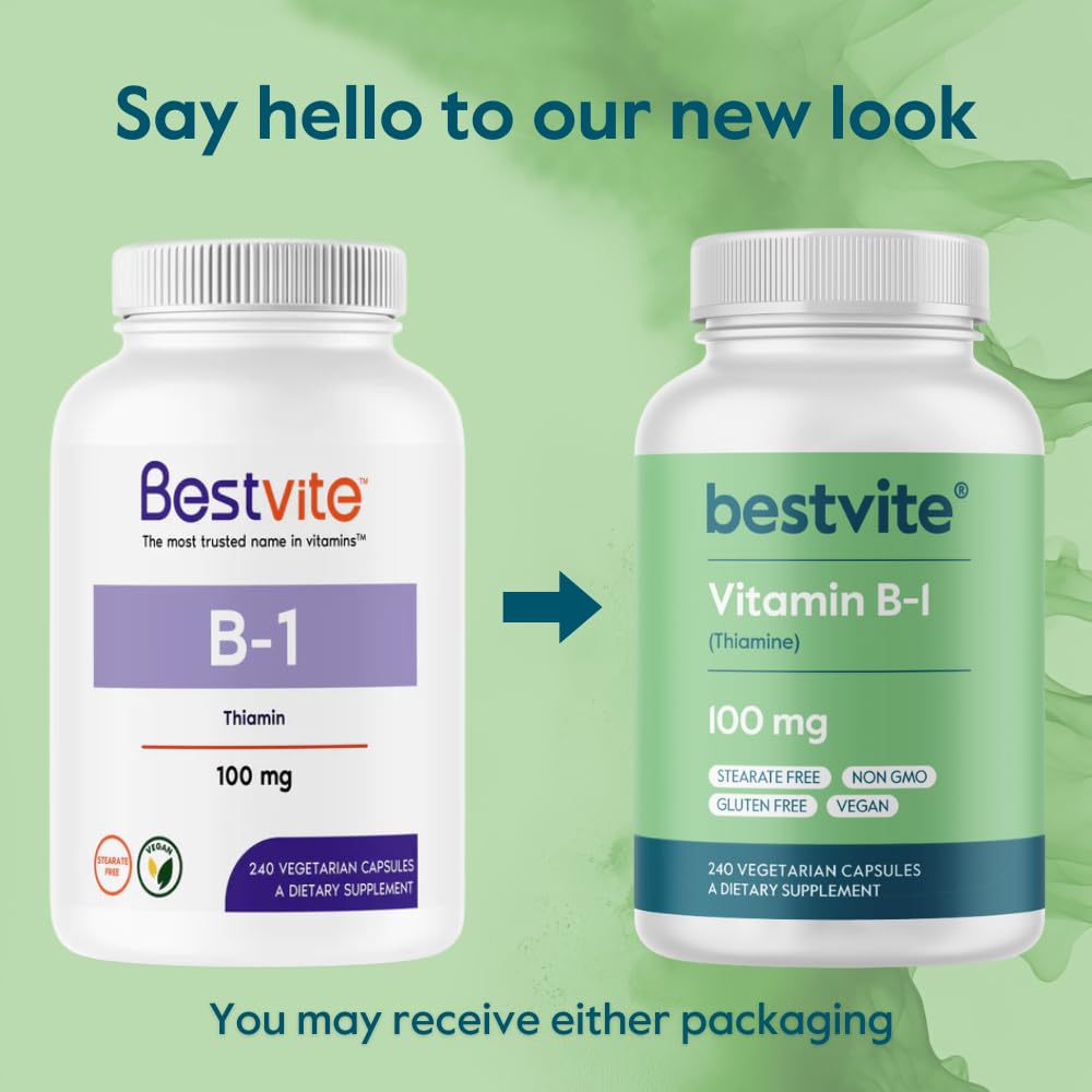 BESTVITE Vitamin B-1 100mg (240 Vegetarian Capsules) – Vegan, Non-GMO, Gluten Free – Pack of 2