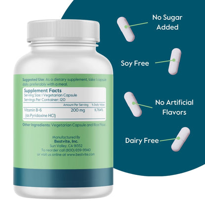 BESTVITE Vitamin B-6 200mg (240 Vegetarian Capsules) (2-Pack) - No Stearates - No Flow Agents