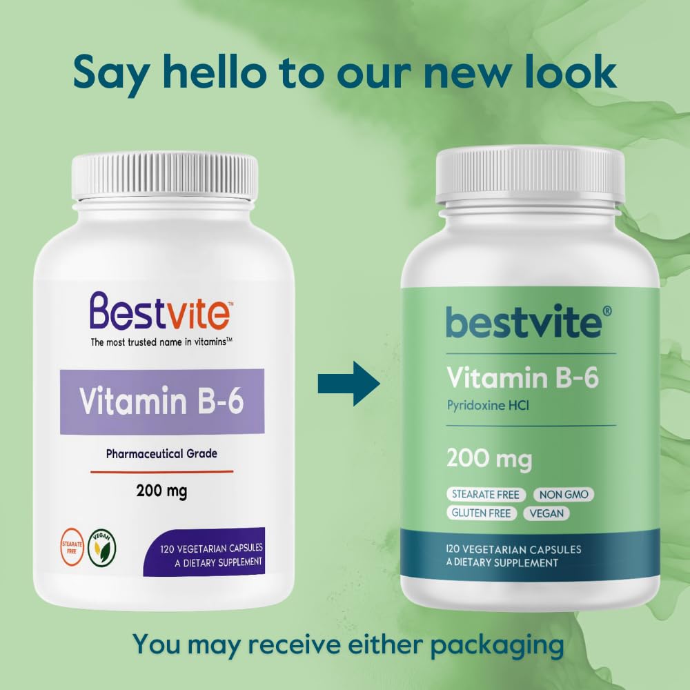 BESTVITE Vitamin B-6 200mg (240 Vegetarian Capsules) (2-Pack) - No Stearates - No Flow Agents