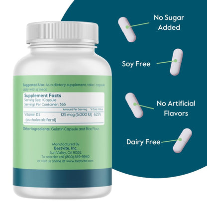 BESTVITE Vitamin D3 5000 IU – 365 Capsules | No Stearates, Gluten Free, Non-GMO