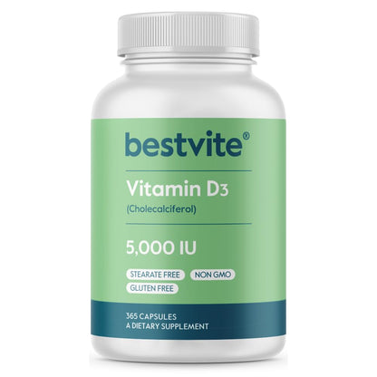 BESTVITE Vitamin D3 5000 IU – 365 Capsules | No Stearates, Gluten Free, Non-GMO
