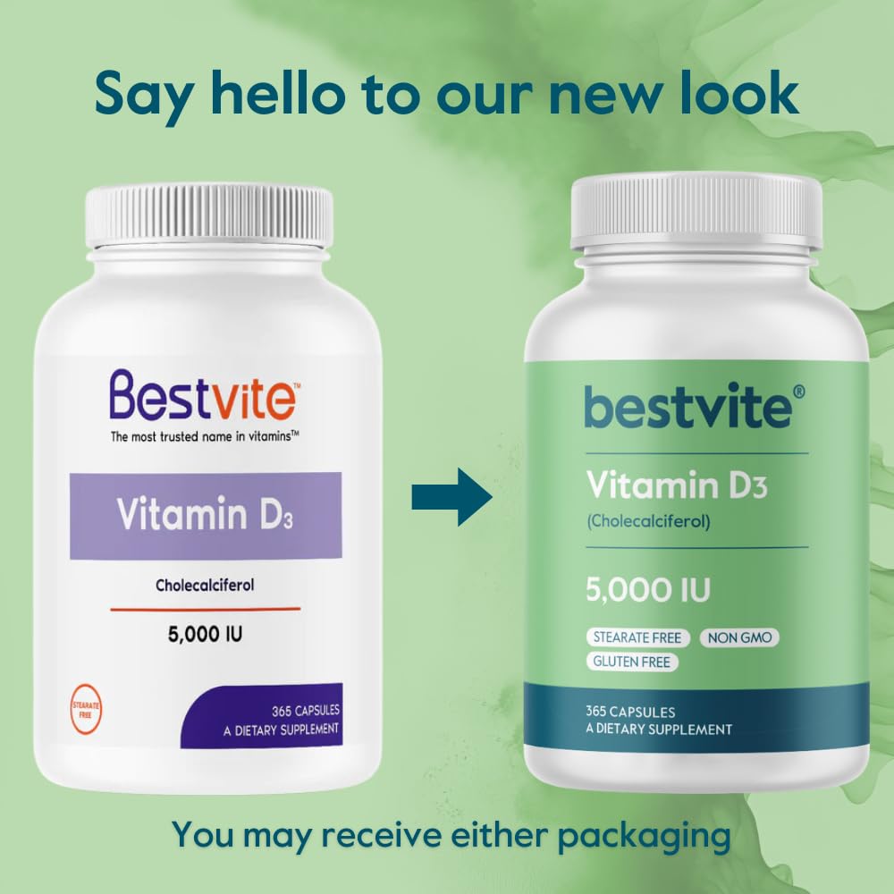 BESTVITE Vitamin D3 5000 IU – 365 Capsules | No Stearates, Gluten Free, Non-GMO