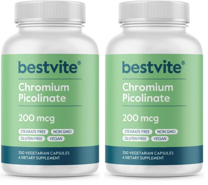 Bestvite Chromium Picolinate 200 mcg - 250 Vegetarian Capsules | Vegan, Gluten Free, Non-GMO | Pack of 2