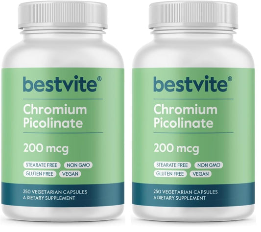 Bestvite Chromium Picolinate 200 mcg - 250 Vegetarian Capsules | Vegan, Gluten Free, Non-GMO | Pack of 2 BritishVita | Premium UK Vitamins & Wellness Supplements