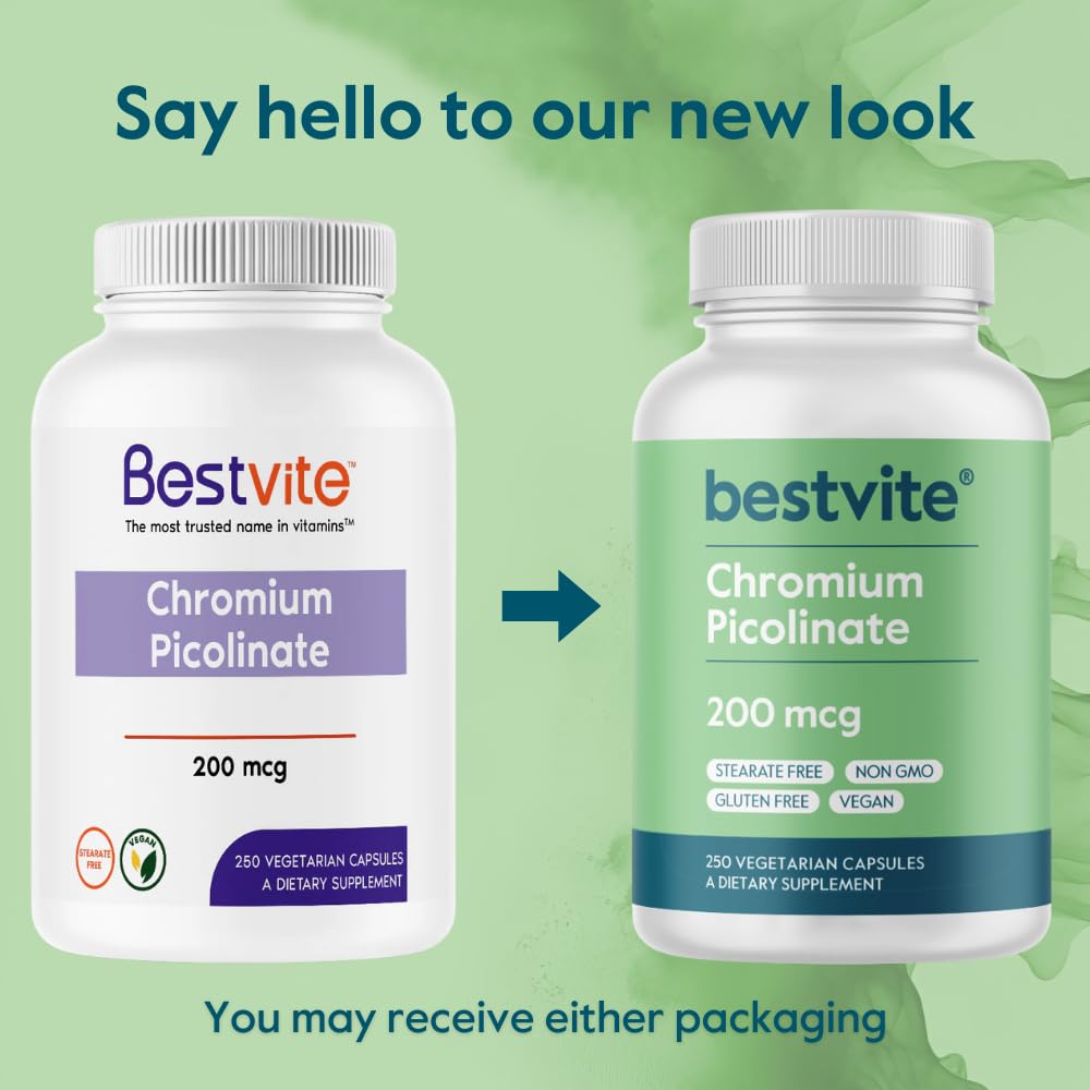 Bestvite Chromium Picolinate 200 mcg - 250 Vegetarian Capsules | Vegan, Gluten Free, Non-GMO | Pack of 2