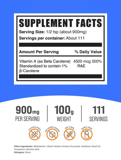 BulkSupplements Beta Carotene Powder - Vitamin A Support for Immune & Vision Health | Gluten Free, 900 mg per Serving, 100 g (Pack of 1)