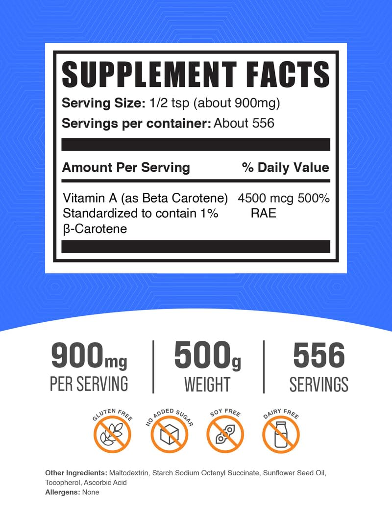 BulkSupplements Beta Carotene Powder – Vitamin A Support, Immune & Vision, 900mg/Serving, 500g