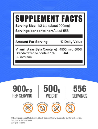 BulkSupplements Beta Carotene Powder – Vitamin A Support, Immune & Vision, 900mg/Serving, 500g