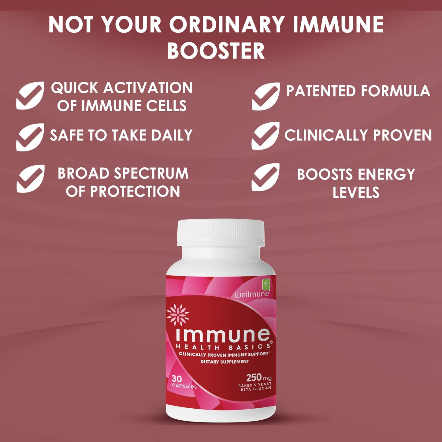 Immune Health Basics Ultra Strength Immunity - Clinically Proven Immune Support - Wellmune Highly Purified Beta Glucan - Gluten-Free, Non-allergenic, Non-GMO and Vegan Capsules - 30 Capsules, 250 mg