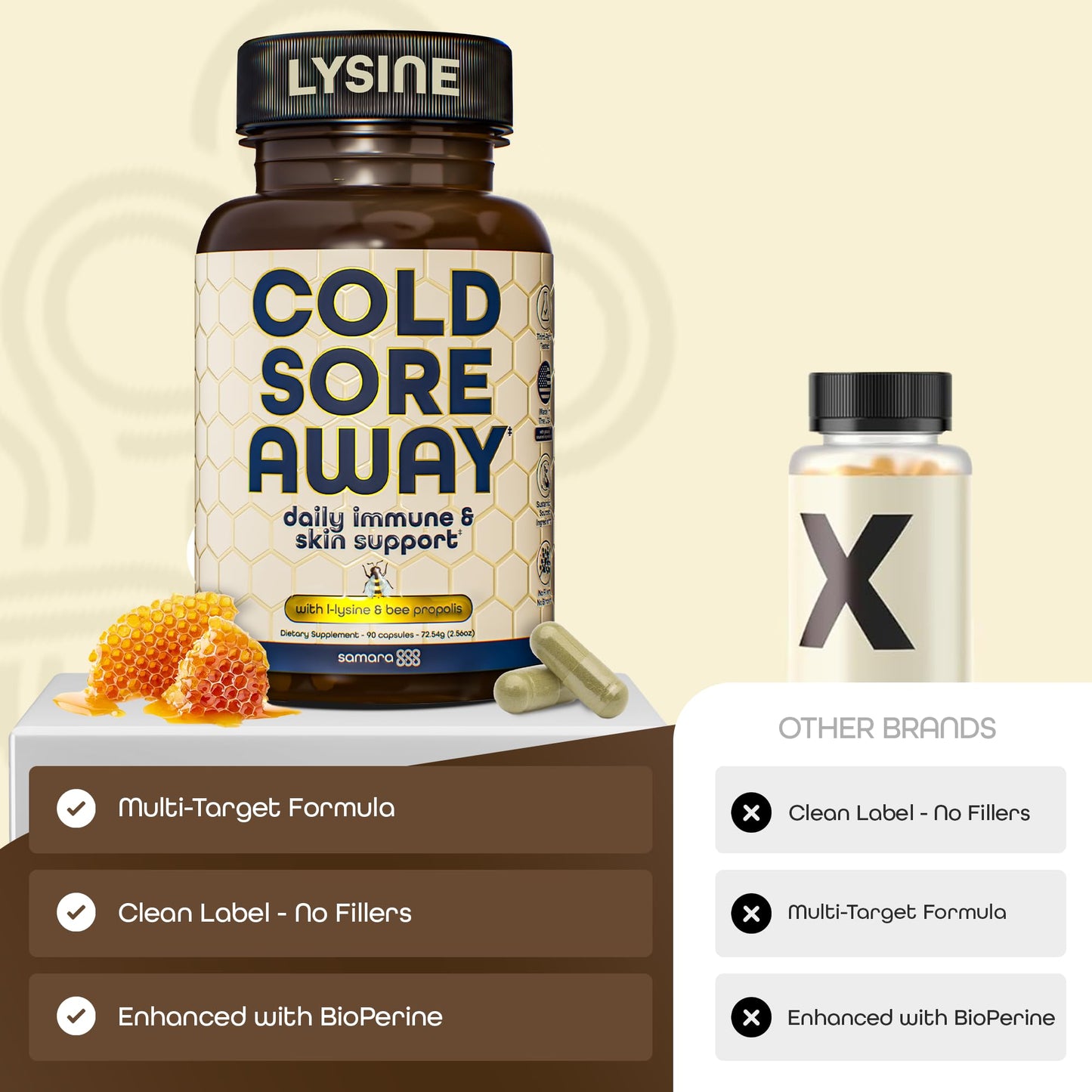Samara 888 L Lysine Cold Sore Support – Herbal Immune Boost with Zinc & Olive Leaf, 90 Capsules