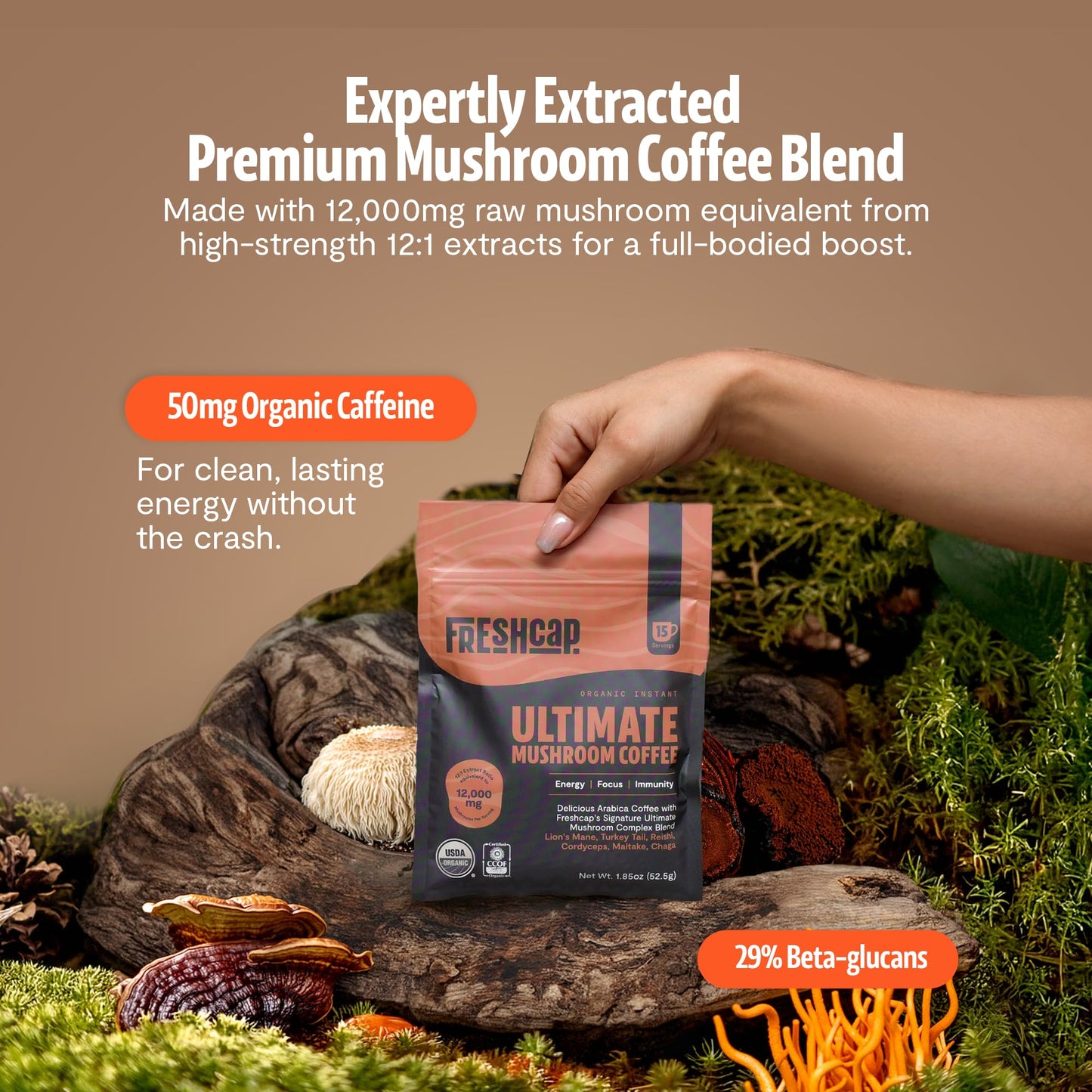 FreshCap Mushrooms Coffee 12,000 mg – Organic 6 Adaptogenic Mushrooms