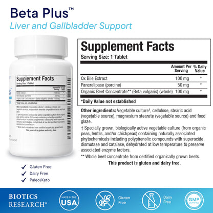 Biotics Research Beta-Plus Ox Bile Salts with Digestive Enzymes – 180 Tabs