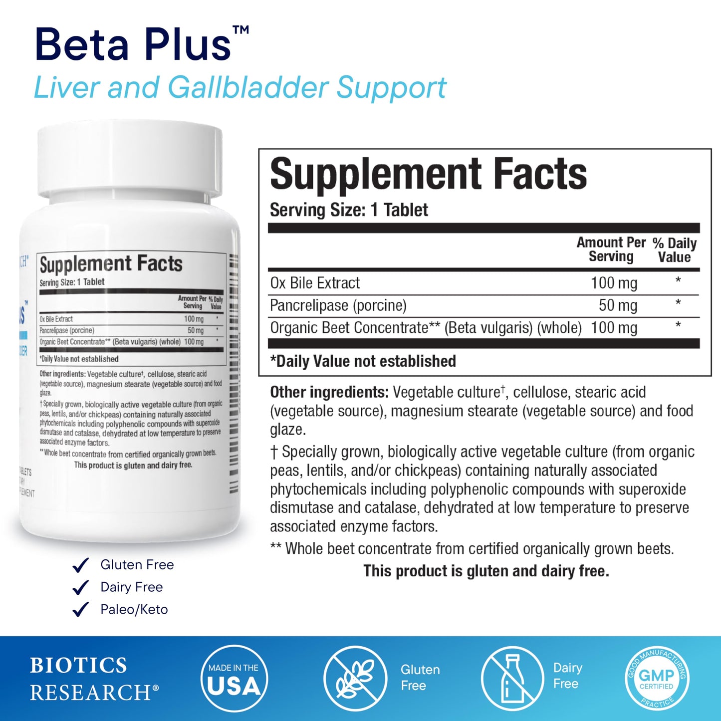 Biotics Beta-Plus Ox Bile Salts & Digestive Enzymes - 90 Tabs | Bile Production, No Gallbladder Support, Liver & Fat Digestion