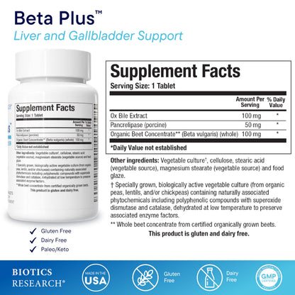 Biotics Beta-Plus Ox Bile Salts & Digestive Enzymes - 90 Tabs | Bile Production, No Gallbladder Support, Liver & Fat Digestion