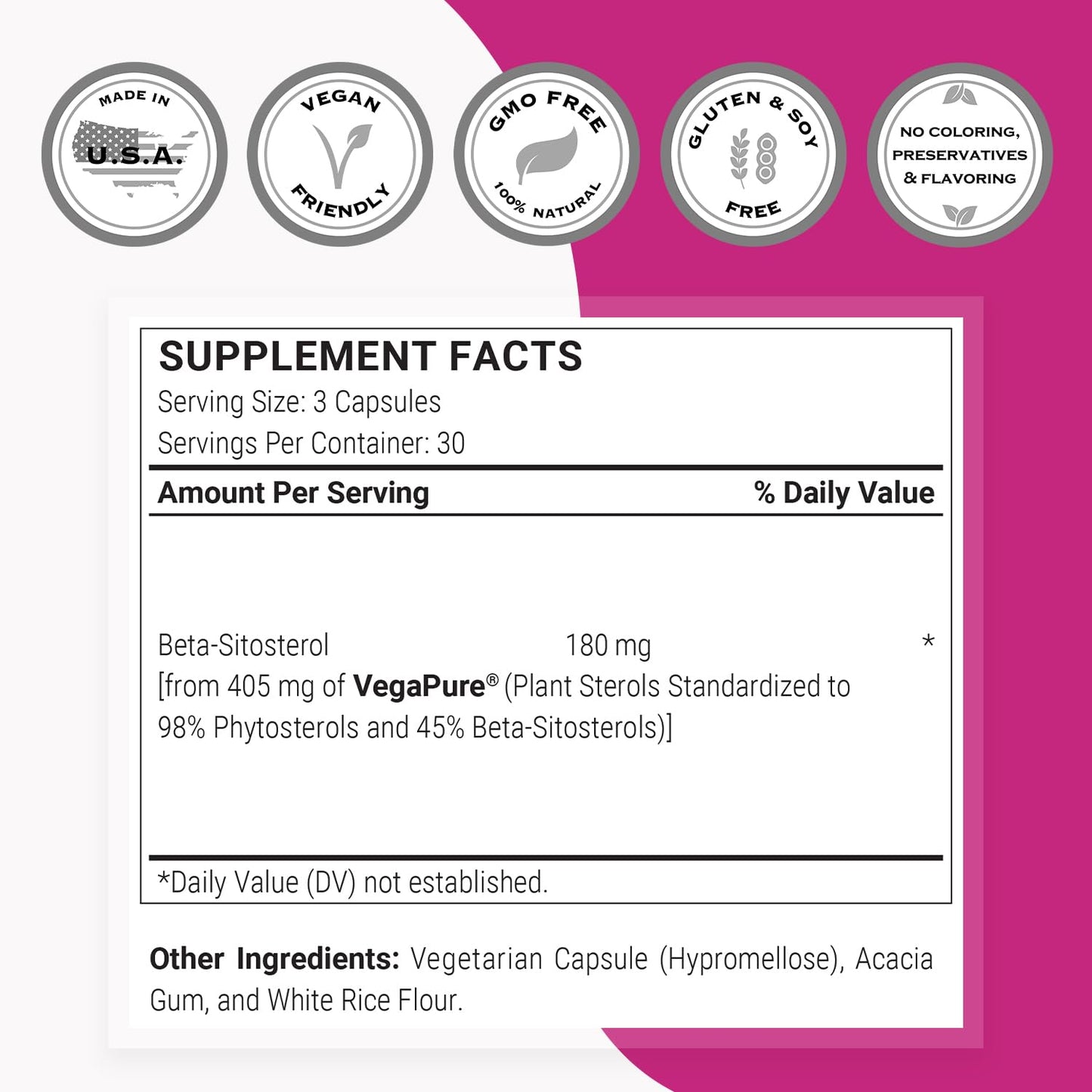 SuperSmart Beta-Sitosterol 180 mg/day (Patented) | Plant Sterols for Men | Non-GMO & Gluten Free