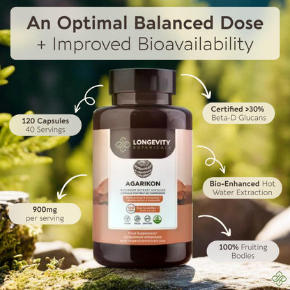 Longevity Botanicals Agarikon Mushroom Extract Capsules (120) – 10:1 Concentrate, 100% Fruiting Bodies