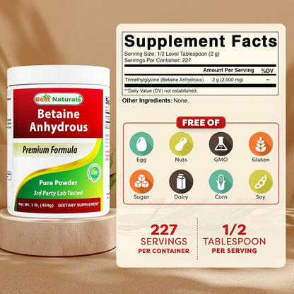 Best Naturals Betaine Anhydrous TMG Pure Powder – 1 lb | Non-GMO & Gluten Free