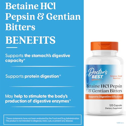 Doctor's Best Betaine HCl Pepsin & Gentian Bitters – Digestive Enzymes, 120 Caps, Non-GMO, Gluten Free | Original Version