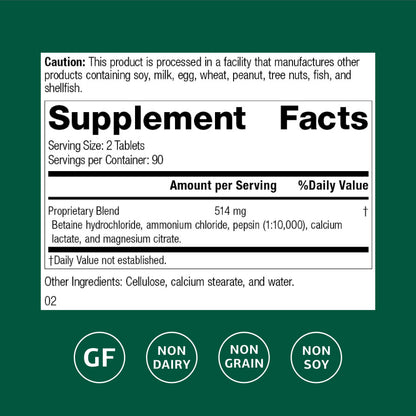 Betaine Hydrochloride Supplement 180 Tablets | Digestive pH Support & Iron Absorption - Gluten-Free