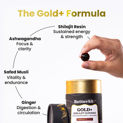 Better Alt GOLD+ Shilajit Gummies – Ashwagandha, Safed Musli, Ginger | 60 Gummies