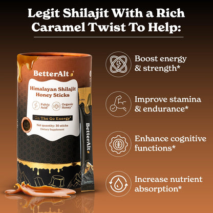 Better Alt Himalayan Shilajit + Honey Sticks – 30 Sticks for Energy, Immunity & Wellness | 85+ Trace Minerals, 75%+ Fulvic Acid