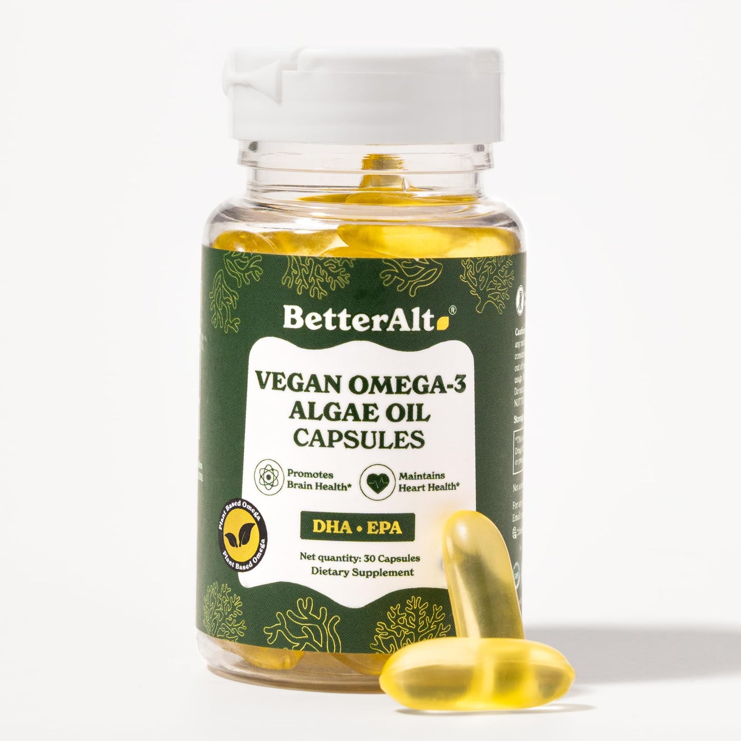 Better Alt Vegan Omega-3 Softgel Capsules | Algae Oil (1000 mg) | 501 mg DHA | 6 mg EPA | Helps Promote Brain Health | 1-Month Dietary Supplement